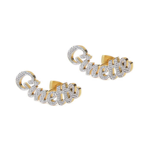 Personalized two tone diamond cut name earrings vendors bulk custom nameplate earrings studs for women wholesale factory websites